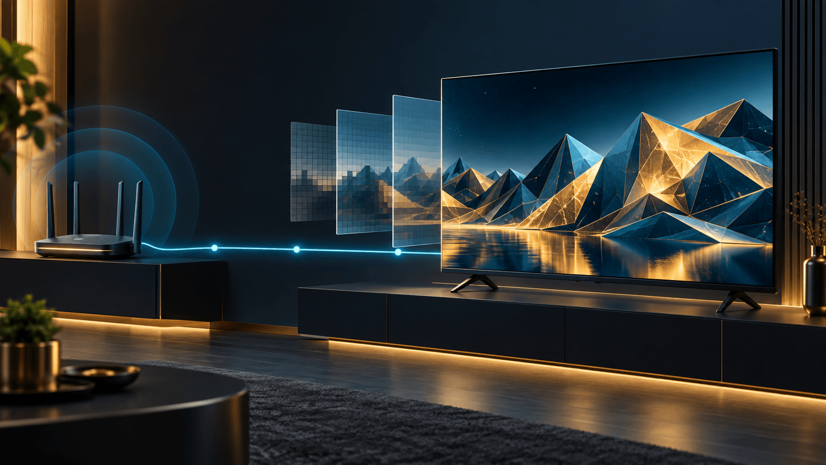 Modern television and home router connected by an abstract high-resolution internet TV path