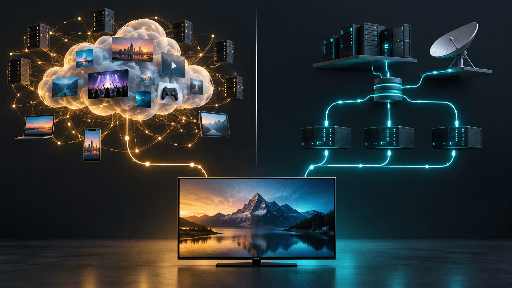 Abstract comparison of OTT and IPTV delivery paths connecting internet services to a television