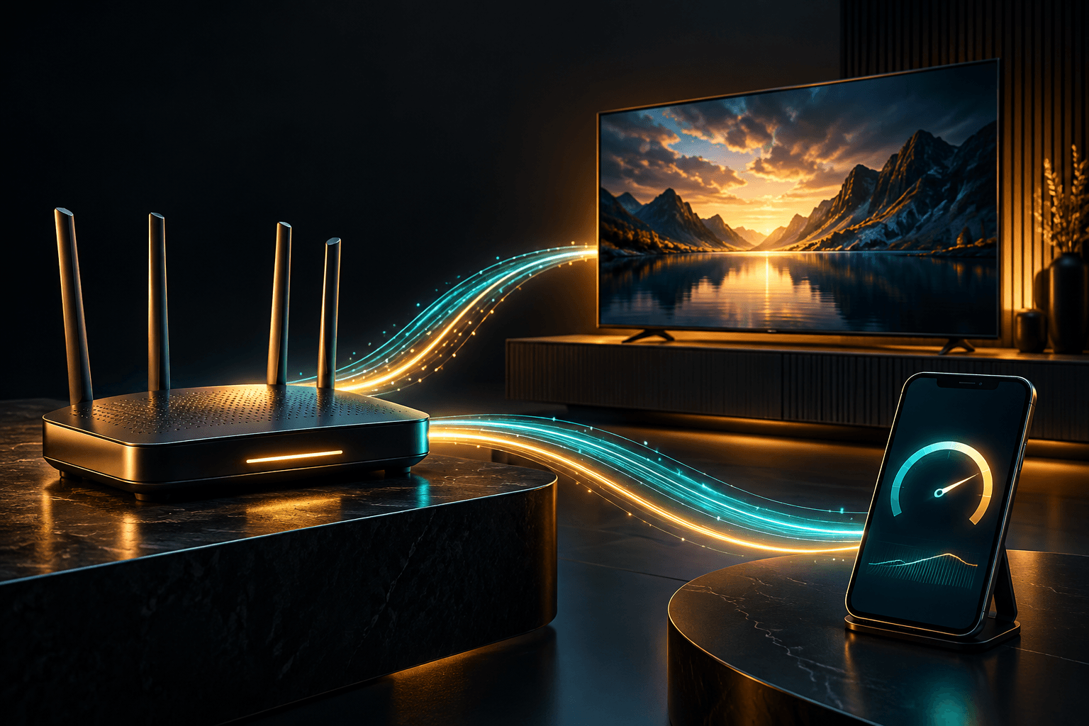 Home router sending stable data paths to a television and a nearby speed-test device