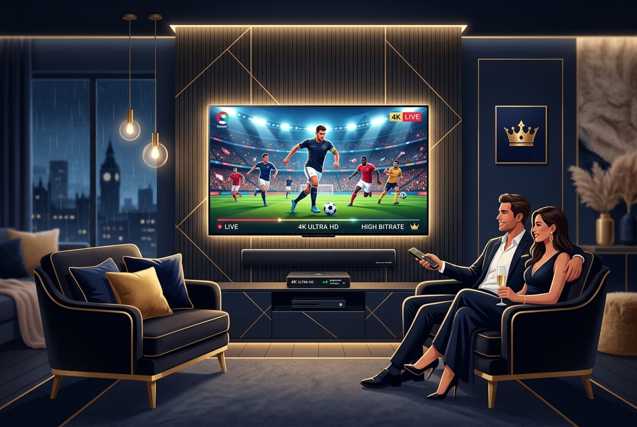 A premium home television setup with warm lighting and a simple remote control
